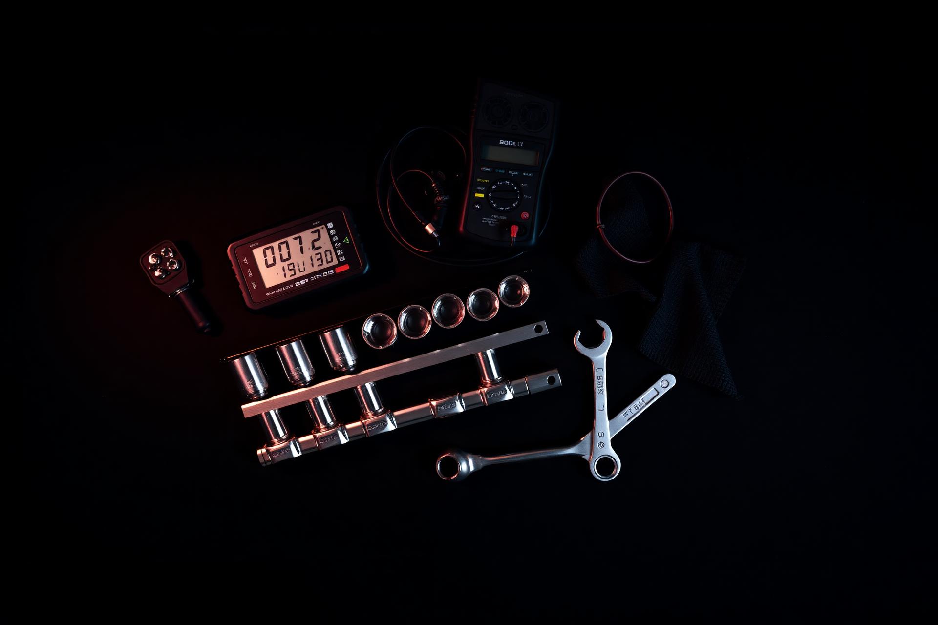 Mechanic tools and OBD-II scanner on a dark workbench
